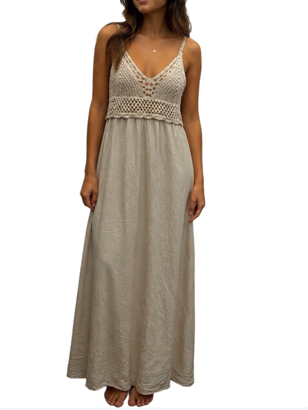Bellambra NWT Sand Boho Crochet Bodice Maxi Silk Blend Slip Dress Size Large
